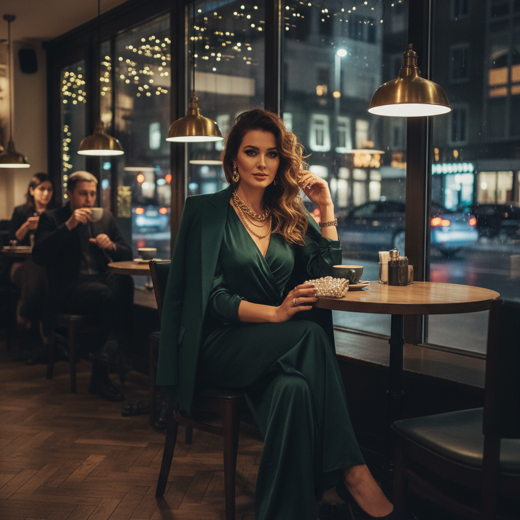 Model in a downtown cafe wearing a draped jersey set