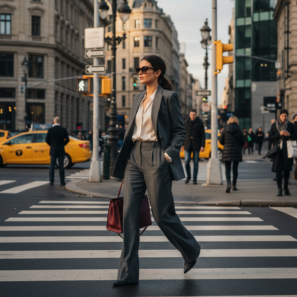Model crossing a city block in a strong blazer look