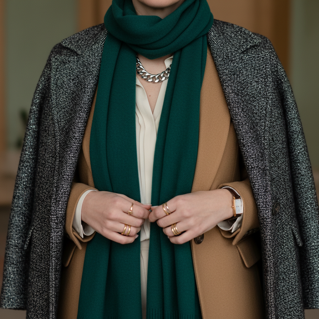 Close-up editorial crop of layered fashion textures