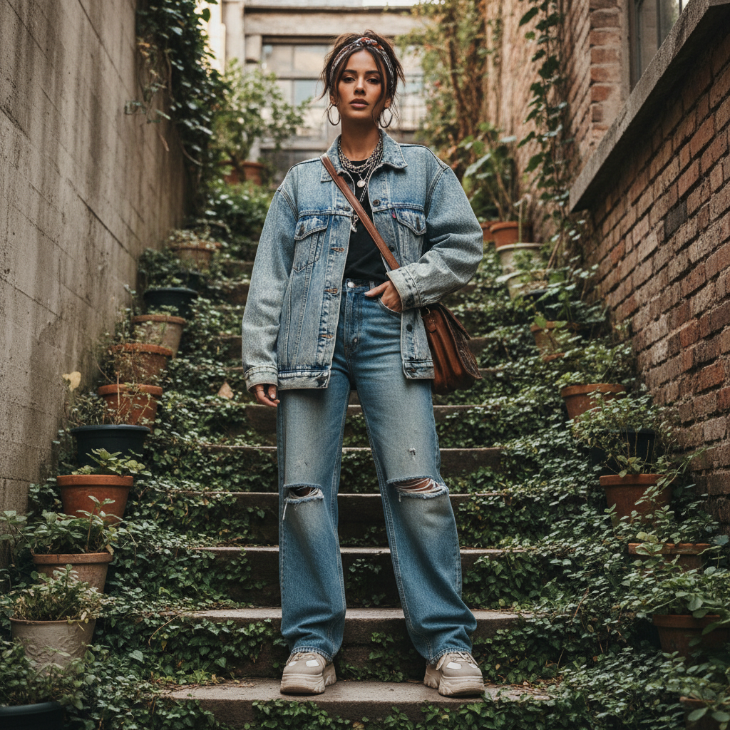 Model in washed denim on a stairwell with vintage styling
