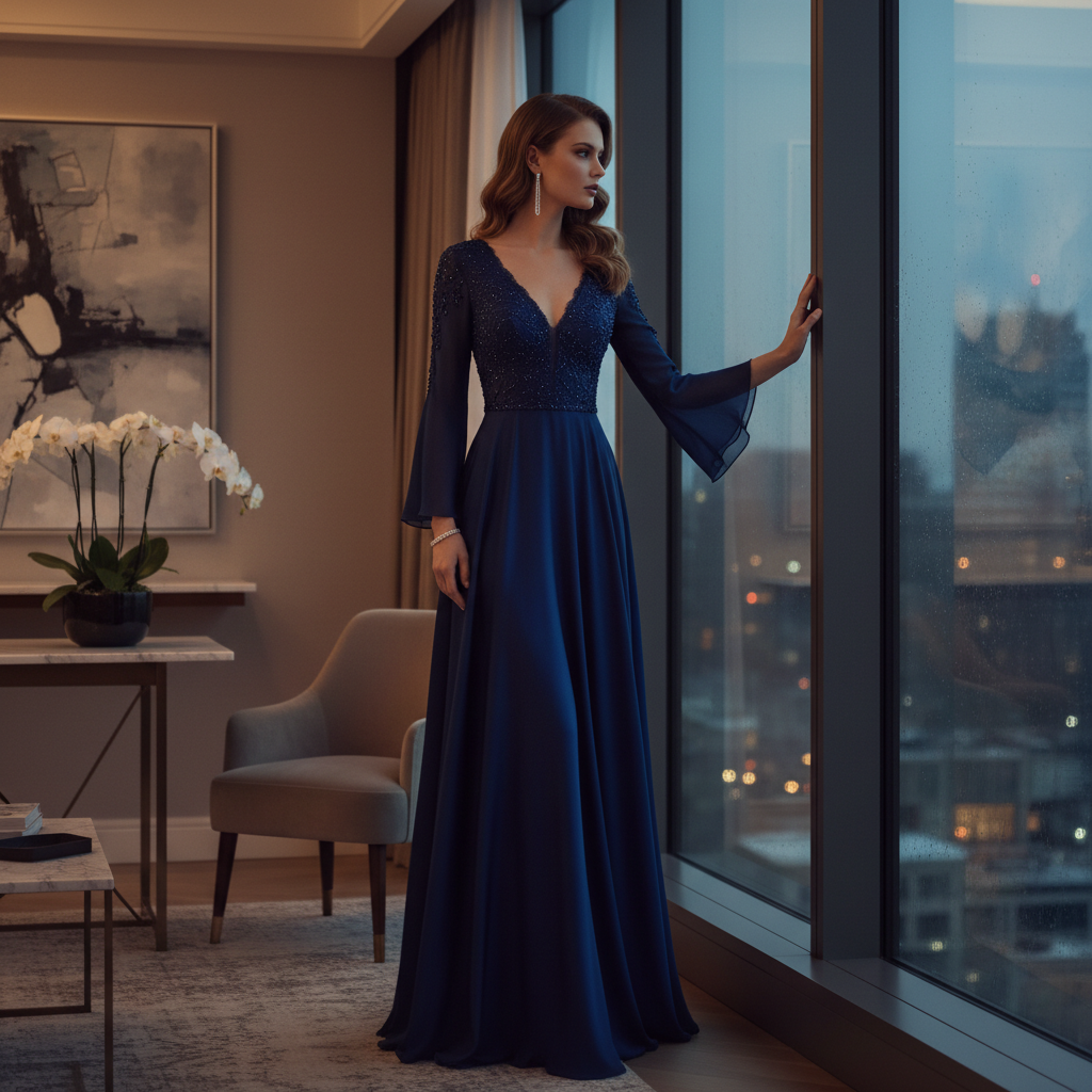 Model wearing a liquid dress in evening window light